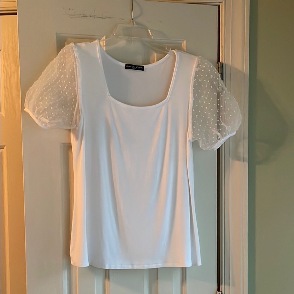 Preowned Kim & Cami White Puff Sleeve Fitted Blouse